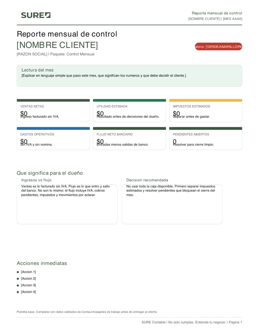 Página 1 del reporte mensual SURE Control